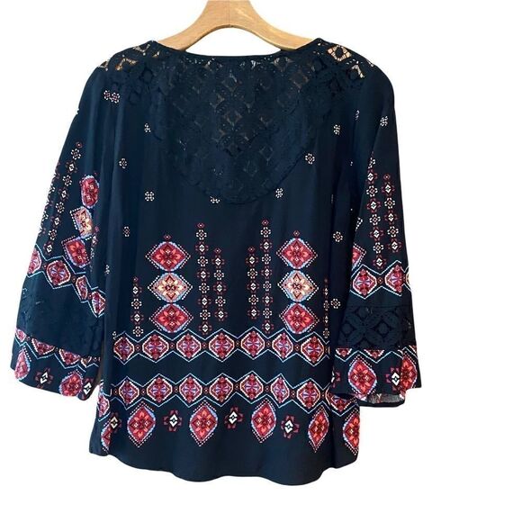 Figueroa & Flower S Black BOHO Relaxed Oversized Lace Floral Front Tie Blouse - Picture 2 of 8